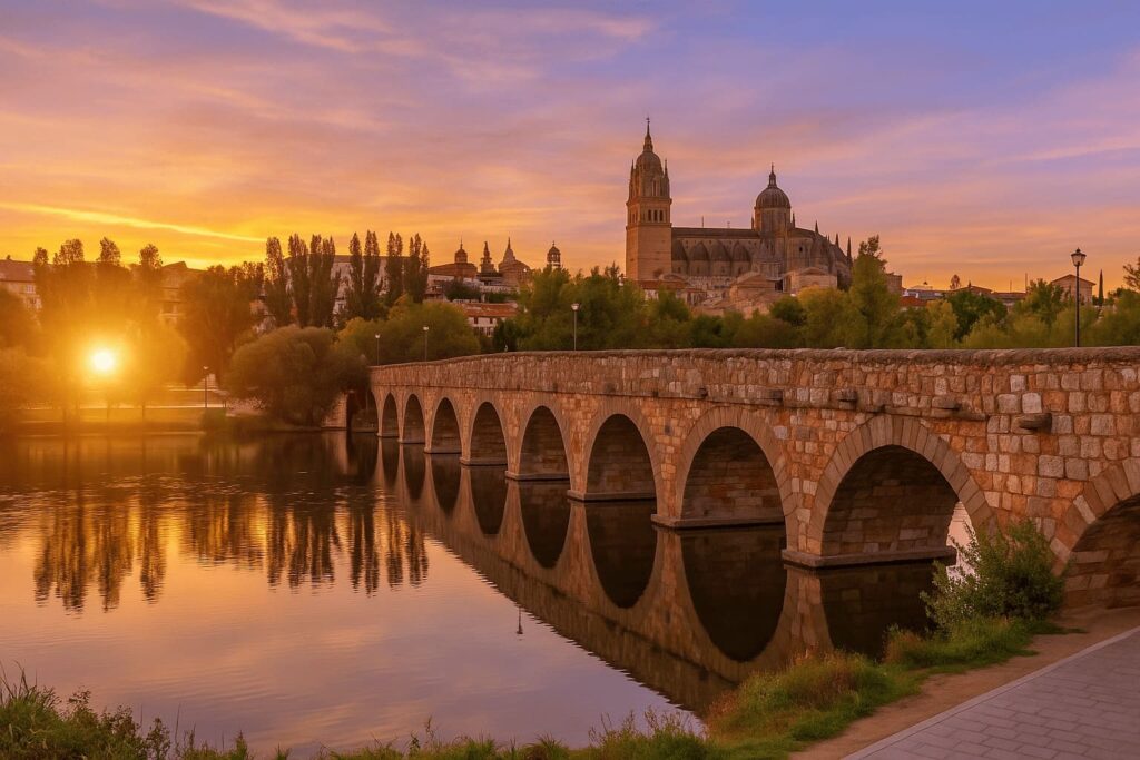 vistas del puente romano en la postura del sol